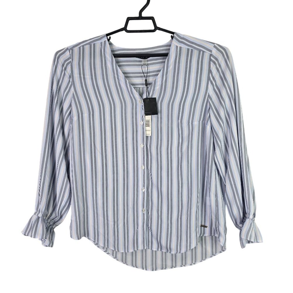 Womens Tahari Blue Striped Blouse Long Sleeve Button Down V-Neck Ruffle Cuff L